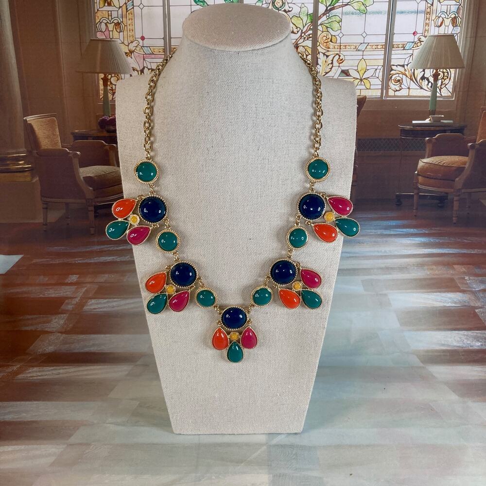 Festive Gold Tone & Multicolor Acrylic Cabochon Bib Statement Necklace EUC